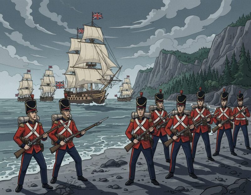 soldados y buques guerra en la isla San Juan soldados y buques guerra en la isla San Juan