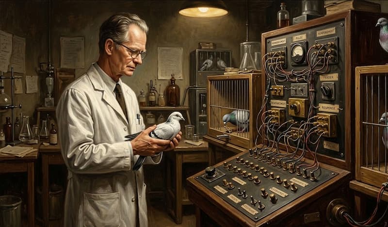 Proyecto Paloma: El arma secreta de B.F. Skinner y los misiles guiados por aves 1 cientifico con una paloma en un laboratorio