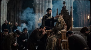 Inés de Castro: La Trágica Historia de la Reina Cadáver de Portugal y Única Reina Póstuma 5 Recreación histórica del rey Pedro I coronando al cadáver de Inés de Castro en el trono de Portugal ante la corte aterrorizada.