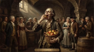 La increíble historia de Tarrare, el hombre insaciable que comía piedras y hasta animales vivos 4 Retrato histórico de Tarrare comiendo una cesta de manzanas en el París del siglo XVIII.
