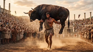 Milón de Crotona: El invencible atleta de la Antigua Grecia y su leyenda 2 Milón de Crotona cargando un buey adulto sobre sus hombros en el estadio olímpico de la Antigua Grecia.