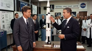El expediente von Braun: ¿Héroe del espacio o villano del Tercer Reich? 2 El ingeniero Wernher von Braun explicando el funcionamiento del cohete Saturno V al presidente John F. Kennedy.