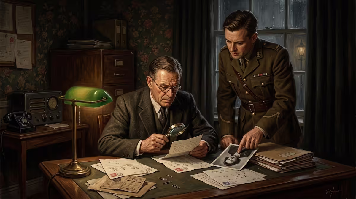 Operación Mincemeat: El cadáver que engañó a Hitler y cambió el curso de la Segunda Guerra Mundial 2 Ewen Montagu y Charles Cholmondeley preparando los documentos falsos del Mayor William Martin en la oficina del MI5.