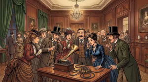 ¿Quién inventó el fonógrafo? El misterio del hombre que atrapó la voz humana por primera vez 3 Personas con vestimenta victoriana escuchando grabaciones de sonido en un fonógrafo antiguo dentro de un salón