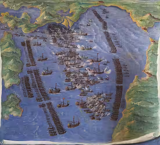 La Batalla de Lepanto: El ocaso de la galera y el choque de dos mundos 1 mapa con la posición tactica de la batalla de lepanto
