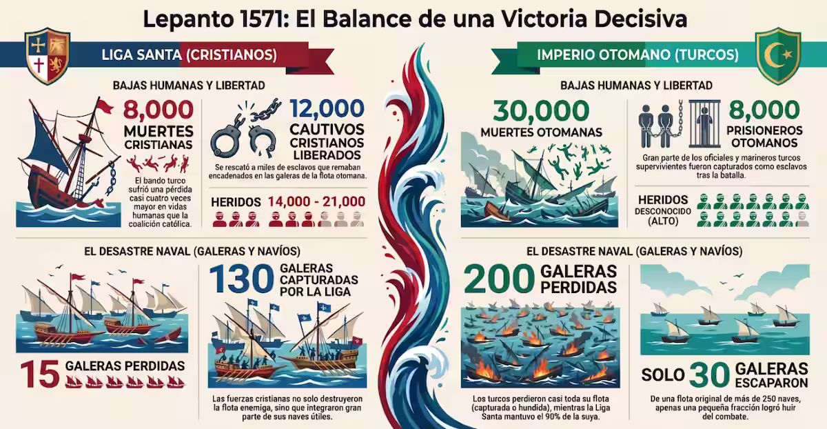 La Batalla de Lepanto: El ocaso de la galera y el choque de dos mundos 6 diferencia de baja entre ambos bandos