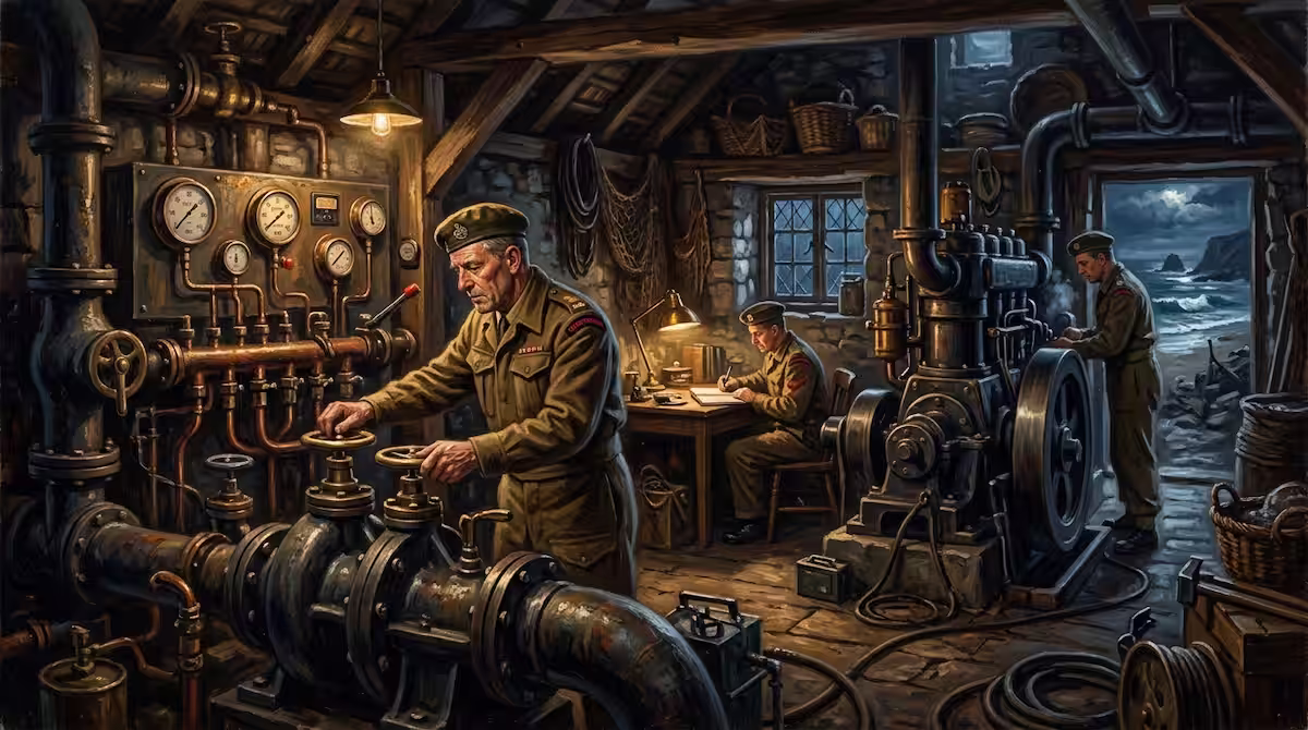 El secreto oculto bajo el mar: La operación pluto y el motor invisible del Día D 2 Estación de bombeo secreta de la operación pluto camuflada dentro de una casa de la costa británica durante la Segunda Guerra Mundial.