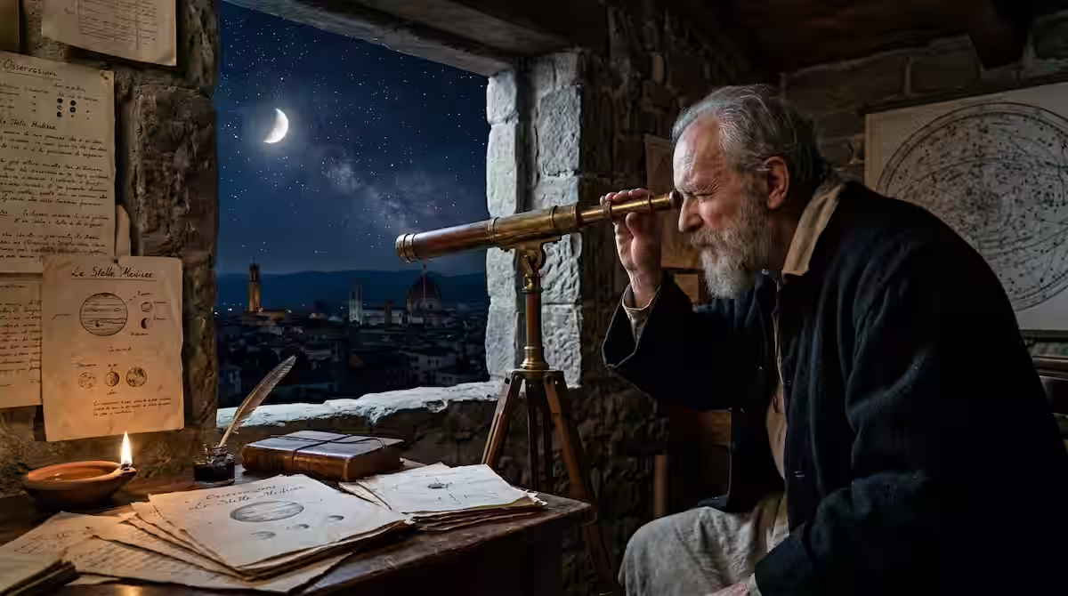 El proceso contra Galileo Galilei por la Inquisición: La verdad oculta de la mayor batalla entre ciencia y fe 2 Galileo Galilei observando el firmamento nocturno con su telescopio, descubriendo los satélites de Júpiter y las fases de la luna para demostrar el heliocentrismo.