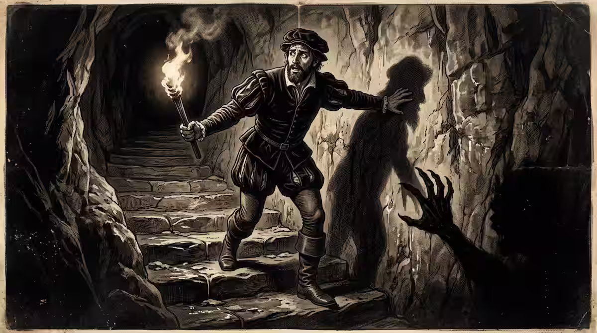 La leyenda de la Cueva de Salamanca y el marqués de Villena: El secreto oculto en el subsuelo de Castilla 2 Reconstrucción cinematográfica del marqués de Villena escapando de la cueva de Salamanca y perdiendo su sombra atrapada por el demonio.