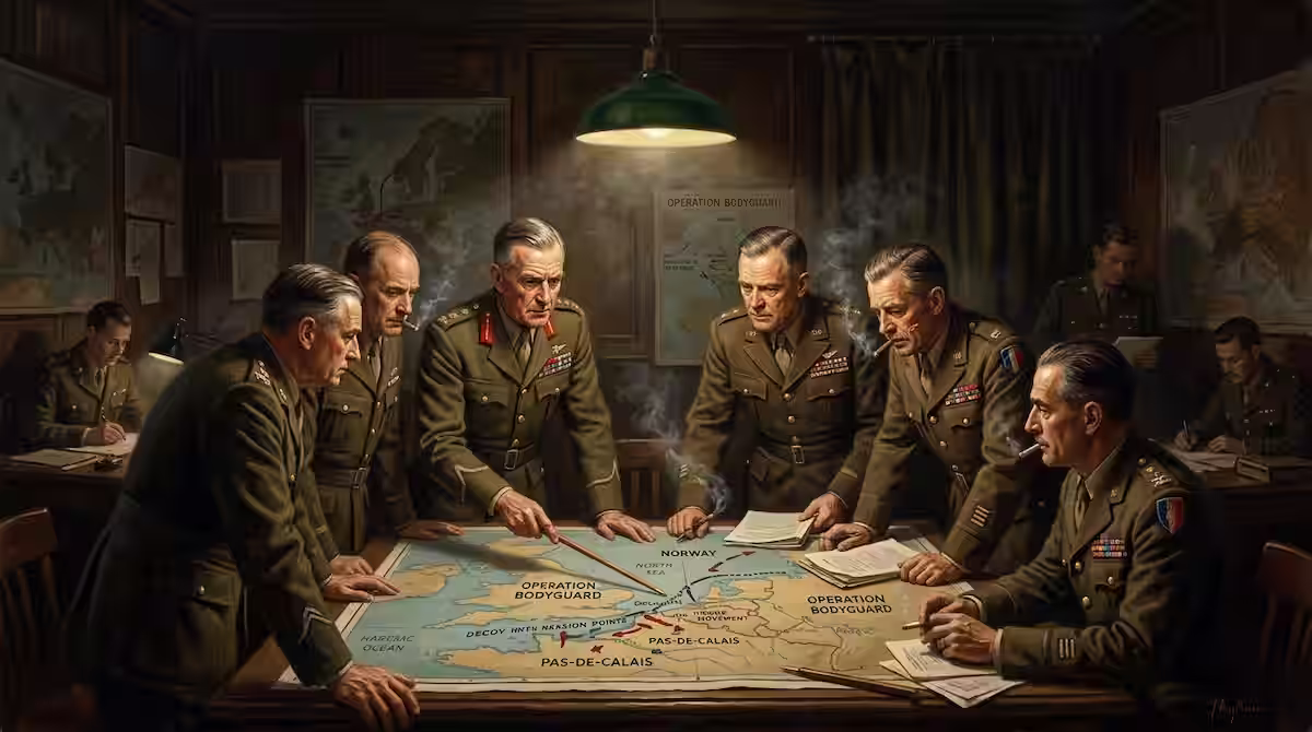 Altos mandos militares reunidos en la sala de guerra planificando la Operación Bodyguard en 1944