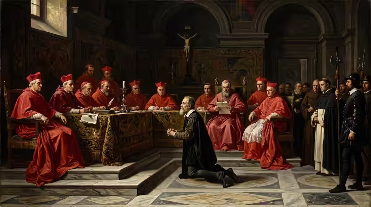 El proceso contra Galileo Galilei por la Inquisición: La verdad oculta de la mayor batalla entre ciencia y fe 1 Ilustración histórica de Galileo Galilei arrodillado frente a la Inquisición romana en 1633, condenado por herejía debido a sus teorías sobre el heliocentrismo.