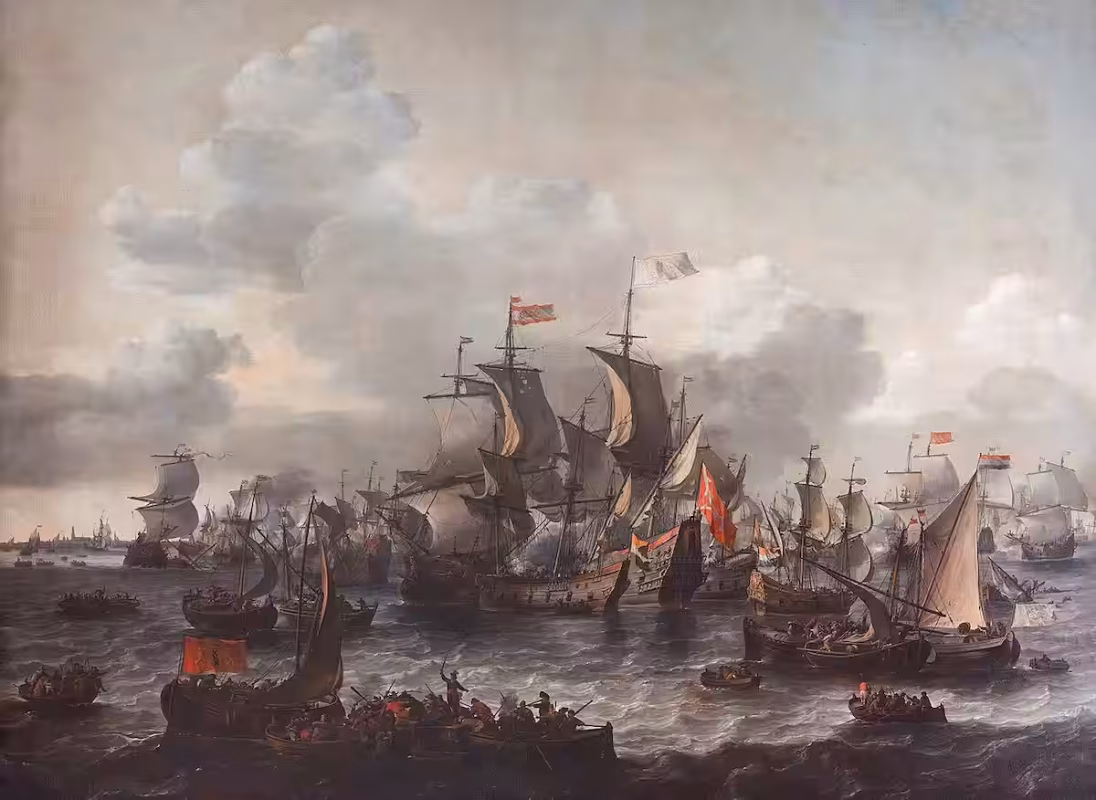 El sitio de Leiden y la inundación de los diques de 1574 1 Barcos de los Mendigos del Mar navegando sobre los campos inundados hacia Leiden en 1574