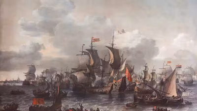 Barcos de los Mendigos del Mar navegando sobre los campos inundados hacia Leiden en 1574