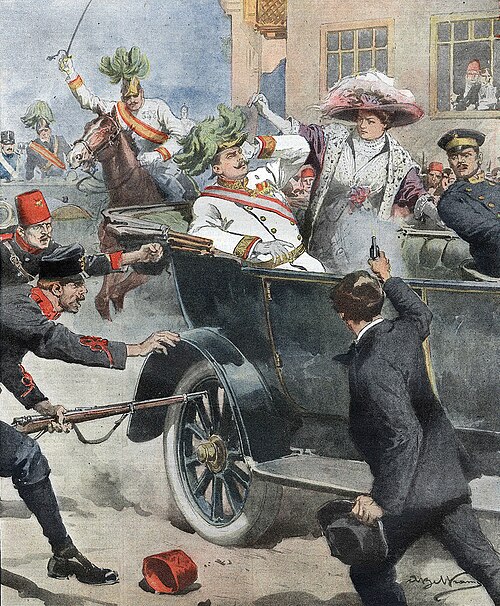 El asesinato de Francisco Fernando: el disparo que cambió el mundo 1 Ilustración del atentado contra el archiduque Francisco Fernando y su esposa
