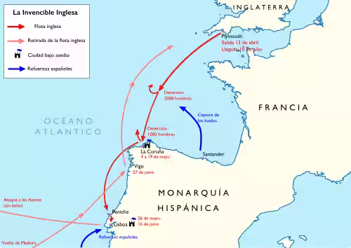 María Pita: la heroína que frenó a Drake en Coruña 2 Mapa de la ruta de la Contraarmada inglesa de 1589 desde Inglaterra hasta La Coruña