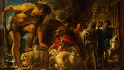 Odiseo y sus hombres escapando de la cueva del cíclope Polifemo