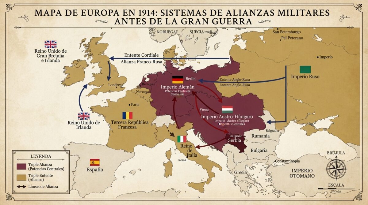 El asesinato de Francisco Fernando: el disparo que cambió el mundo 3 Mapa del sistema de alianzas europeas que desencadenó la Primera Guerra Mundial en 1914